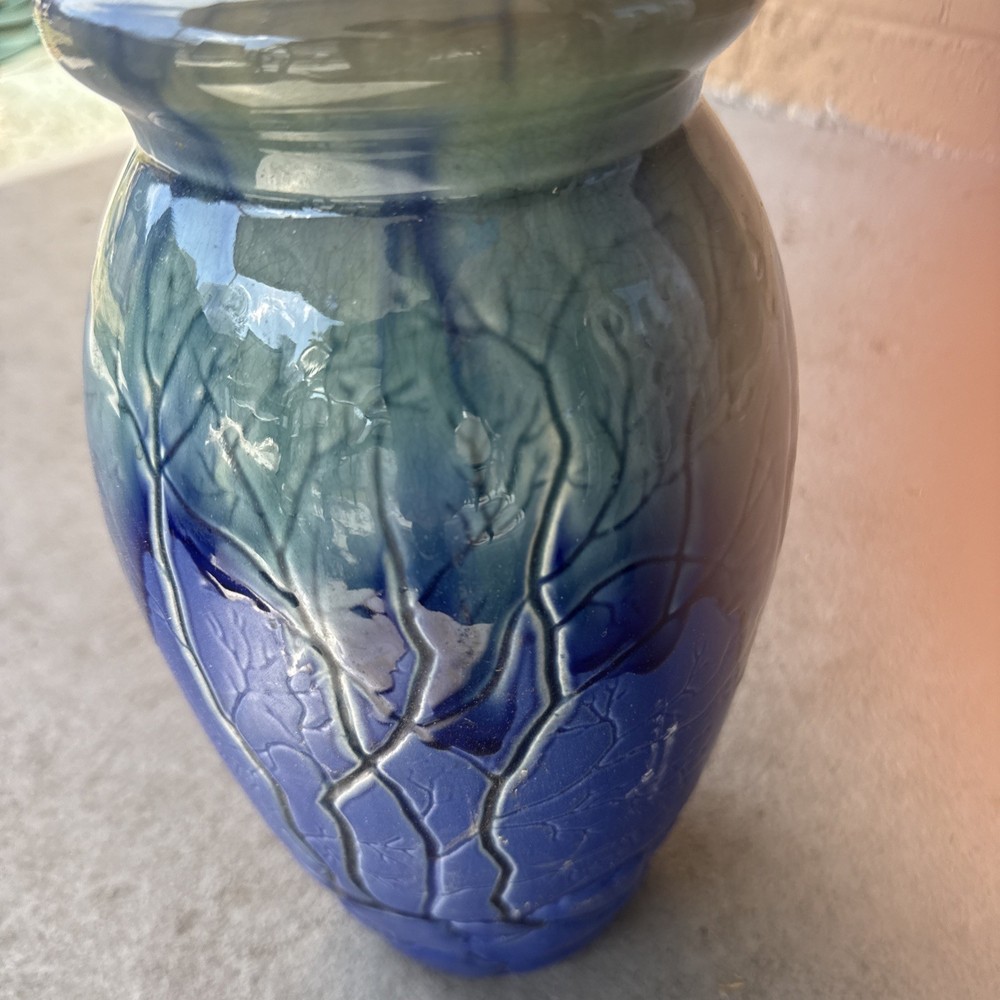 Antique Art Nouveau Cobalt Blue Teal Art Glass Vase Hand Painted One Of A Kind