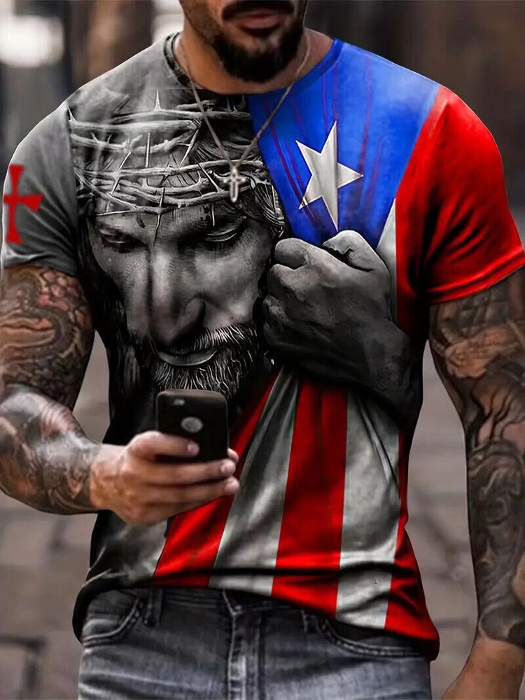T-Shirt Jesus USA Flag Graphic Print Christian Casual Short Sleeve Men's T Shirt