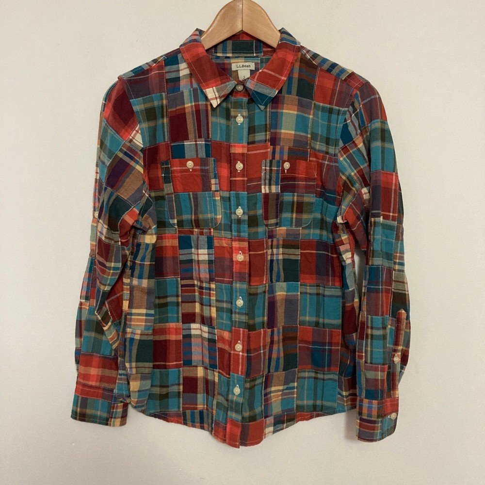 LL Bean Madras Patchwork Shirt Womens Petite S Cabin Colorful Cotton Button Up