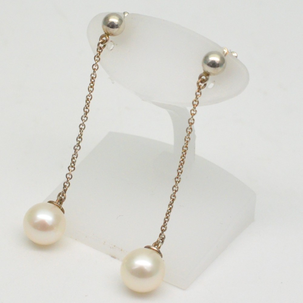 Tiffany Co 925 Silver Pearl Earrings 7mm 1.9g Chain Jewelry