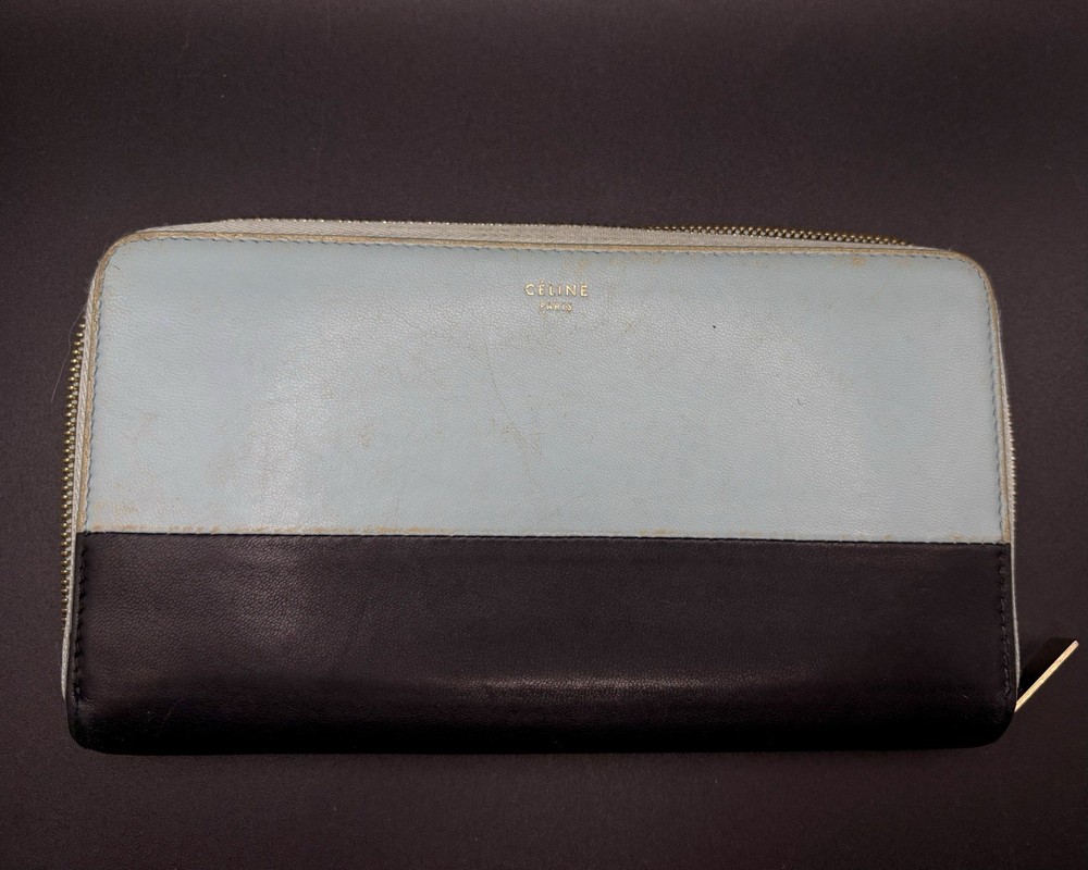 Celine Bi-color Large Zipped Multifunction Leather Wallet Glacier Blue Black