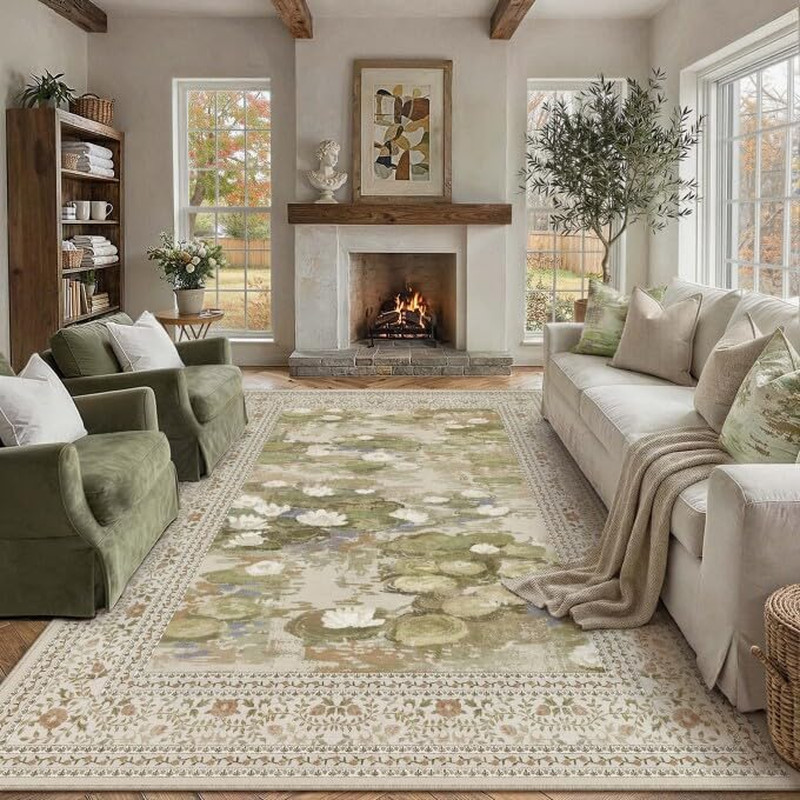 Washable 8X10 Area Rug for Living Room Beige Floral Indoor Large Carpet Non Slip