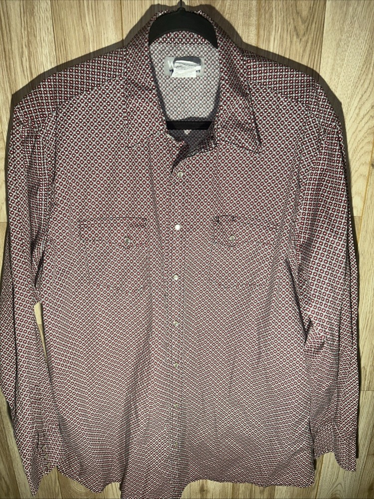 Wrangler Wrancher Men’s XLT Red Geometric Pearl Snap Western Long Sleeve