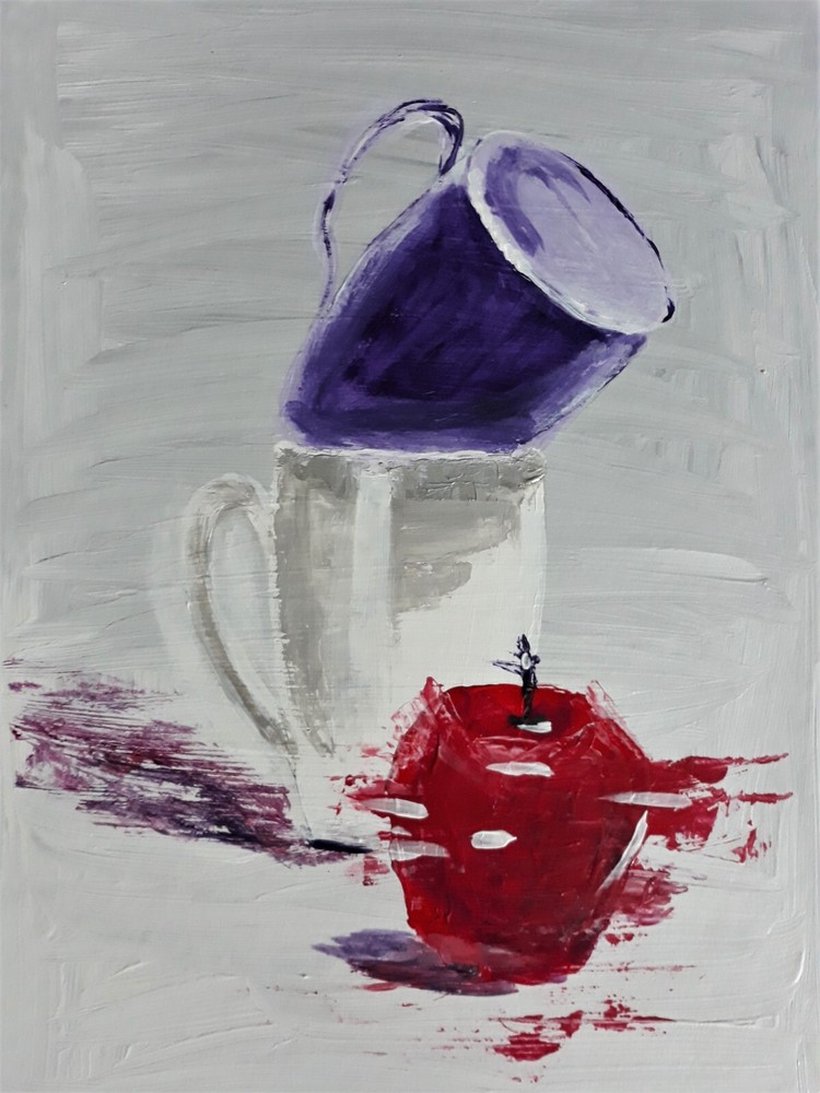 Abstract Mug Apple Painting Modern Art Red Accent Contemporary Still Life