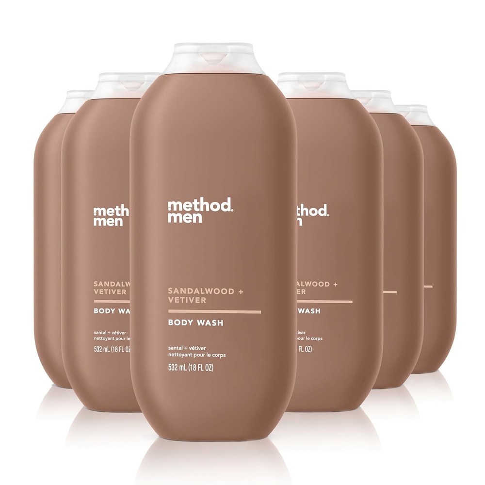 Luxurious Men's Body Wash Pack of 6 - Sandalwood + Vetiver, 18 FL Oz Each