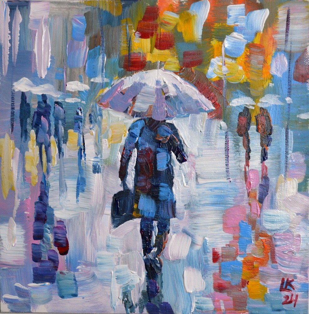 Abstract Impressionist Rain Scene with Umbrellas - Modern Contemporary Wall Art Decor-image