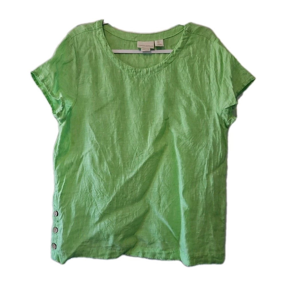 Cynthia Rowley Shirt Womens Large 100% LINEN Lime Green Wooden Buttons Natural