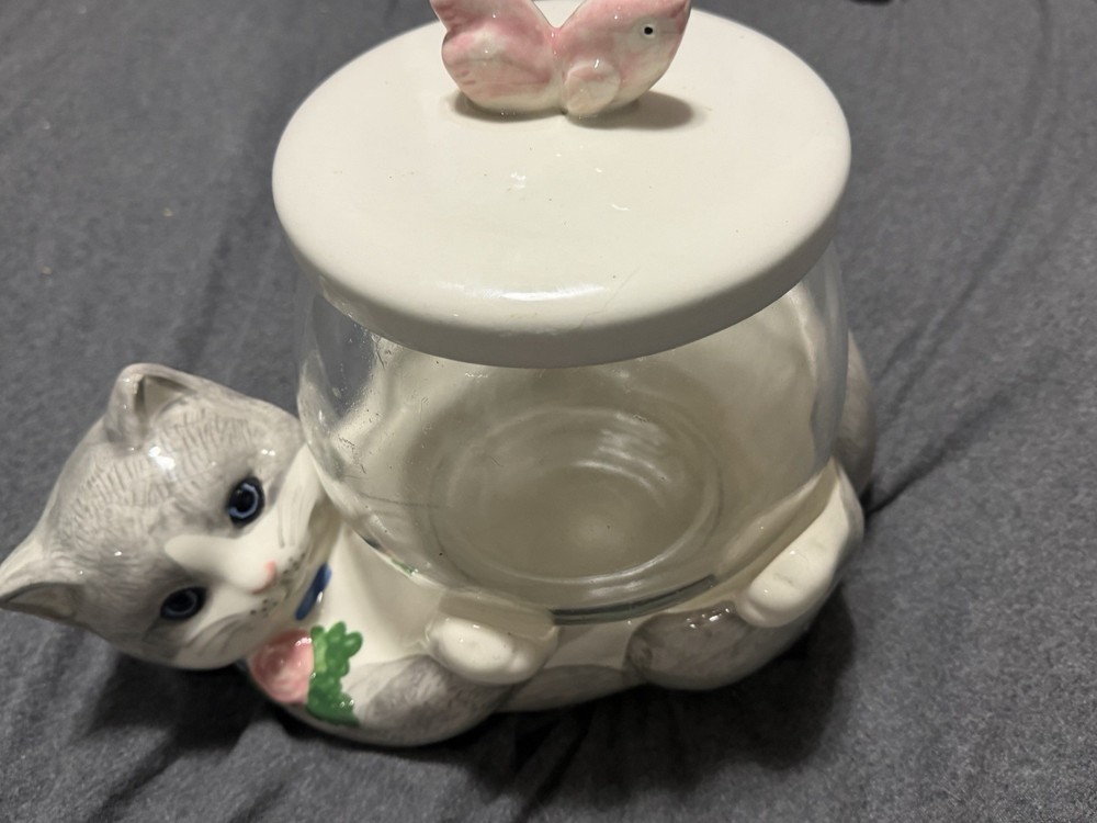 Treasure Craft Ceramic Vintage Cookie Jar Gray Kitty Cat Fish Lid Glass Bowl 3pc