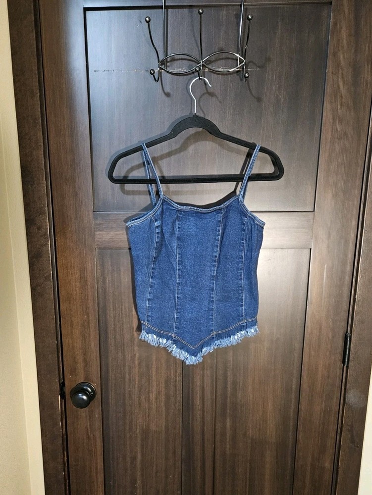 EUC Women's Vintage Y2K Festival Frayed Jean Denim Cami Tank Top Size Large