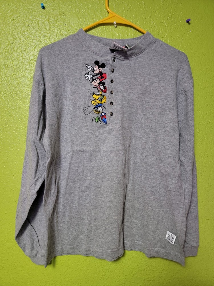 VINTAGE 90’s Disney Mickey Inc Gray Mickey Mouse Long Sleeve Henley Adult Sm-med