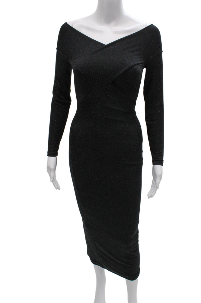 Allsaints Women Bodycon Off Shoulder Long Sleeve Black Mid Calf Dress Size 0Free Shipping in US $100+ Orders | $6.95 Orders Below