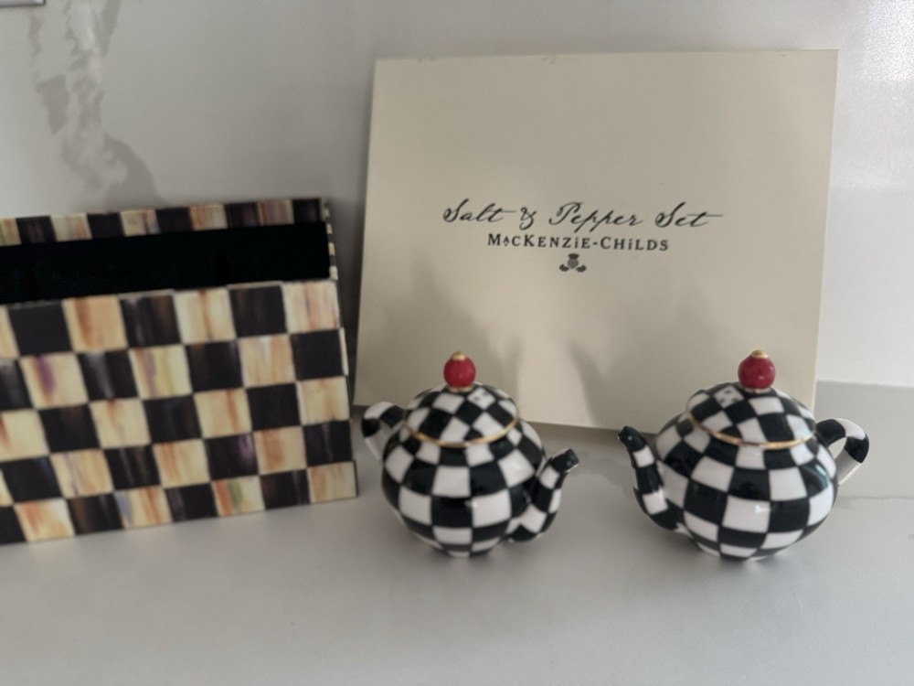 MacKenzie Childs Courtly Check Teapot Salt  & Pepper Shakers Set Boxed New