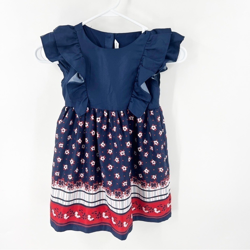 ✅ Janie And Jack Floral Flutter Sleeve Dress Size 5 Navy/Red/White