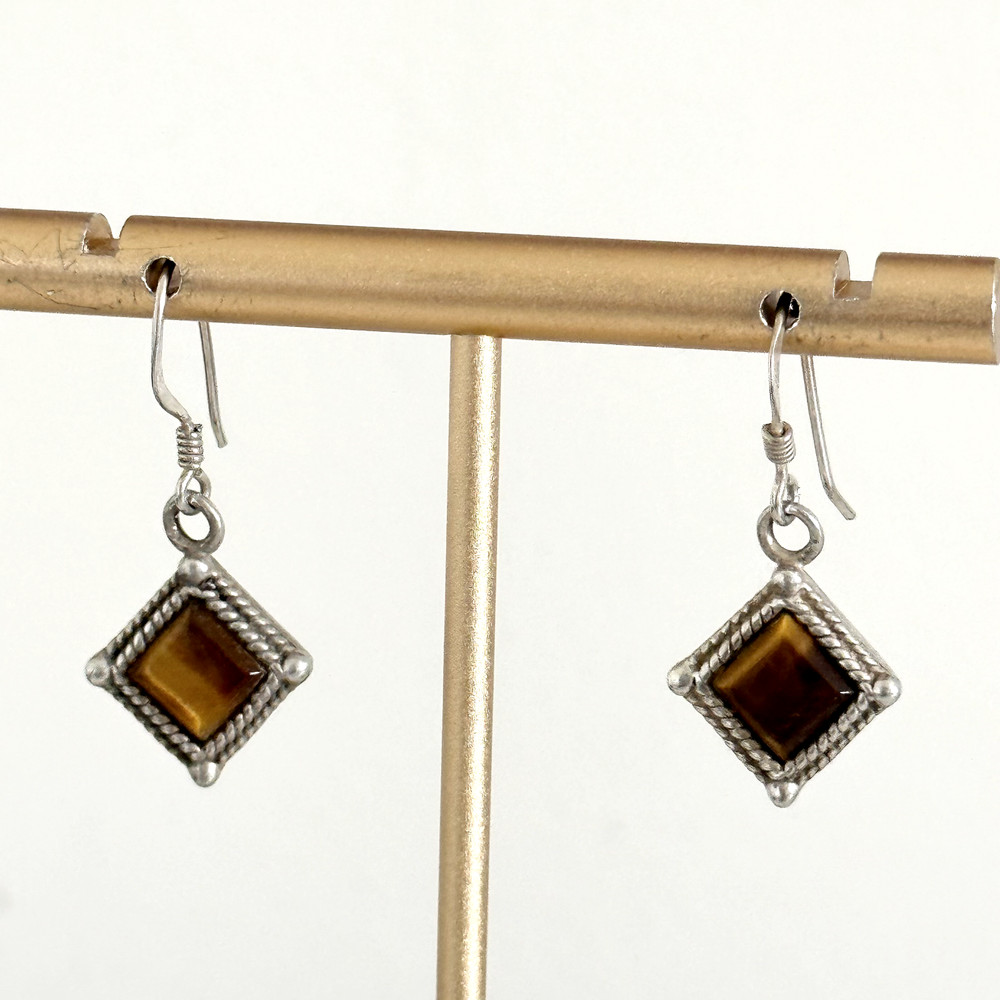Vintage 925 Sterling Silver Tiger's Eye Gemstone Diamond Shaped Dangle Earrings