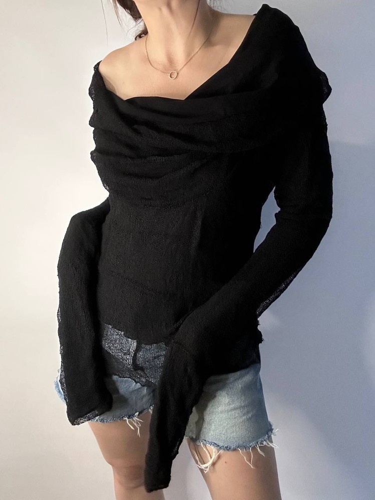 Sarah Pacini Black Mesh Layered Top Cowl Neck Asymmetric Avant Garde Italy Sz 3