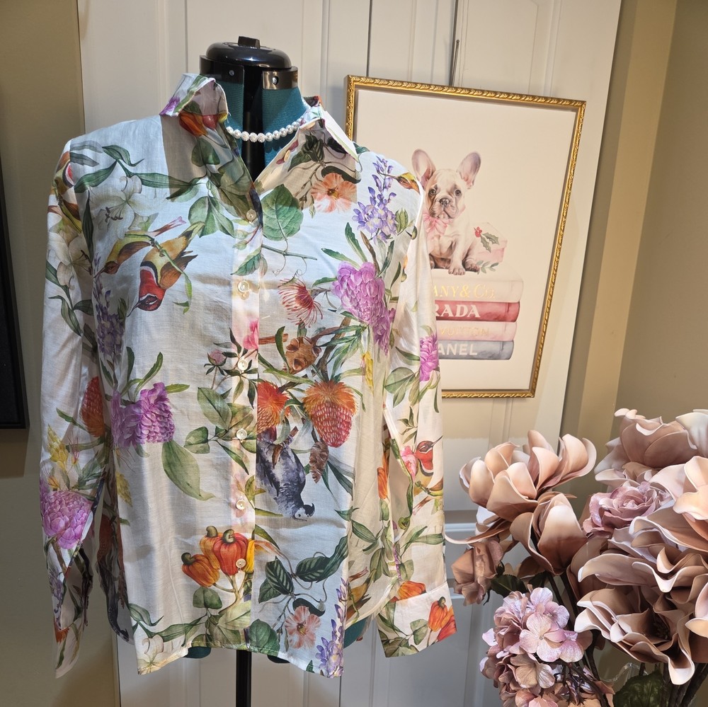 Nwt Large LUCKY & COCO Ecru Pink Floral long Sleeve Button-Down Shirt