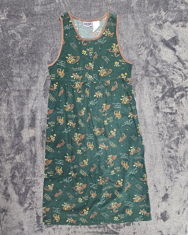 Vintage Erika Co Medium Corduroy Button Jumper Dress Green Modest Long Womens