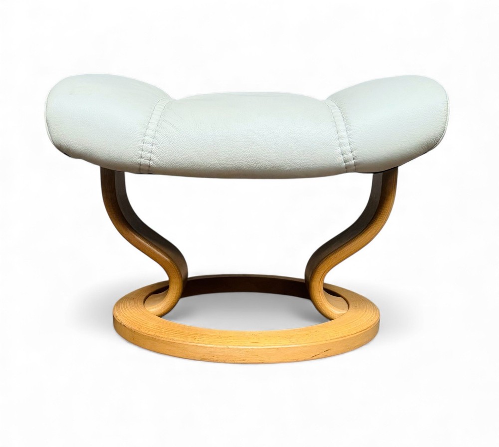 EKORNESS STRESSLES FOOTSTOOL OF WHITE  LEATHER AND BEECH MAYFAIR RANGE