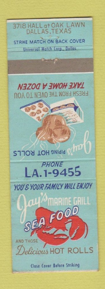 Matchbook Cover - Jay's Marine Grill seafood Dallas TX