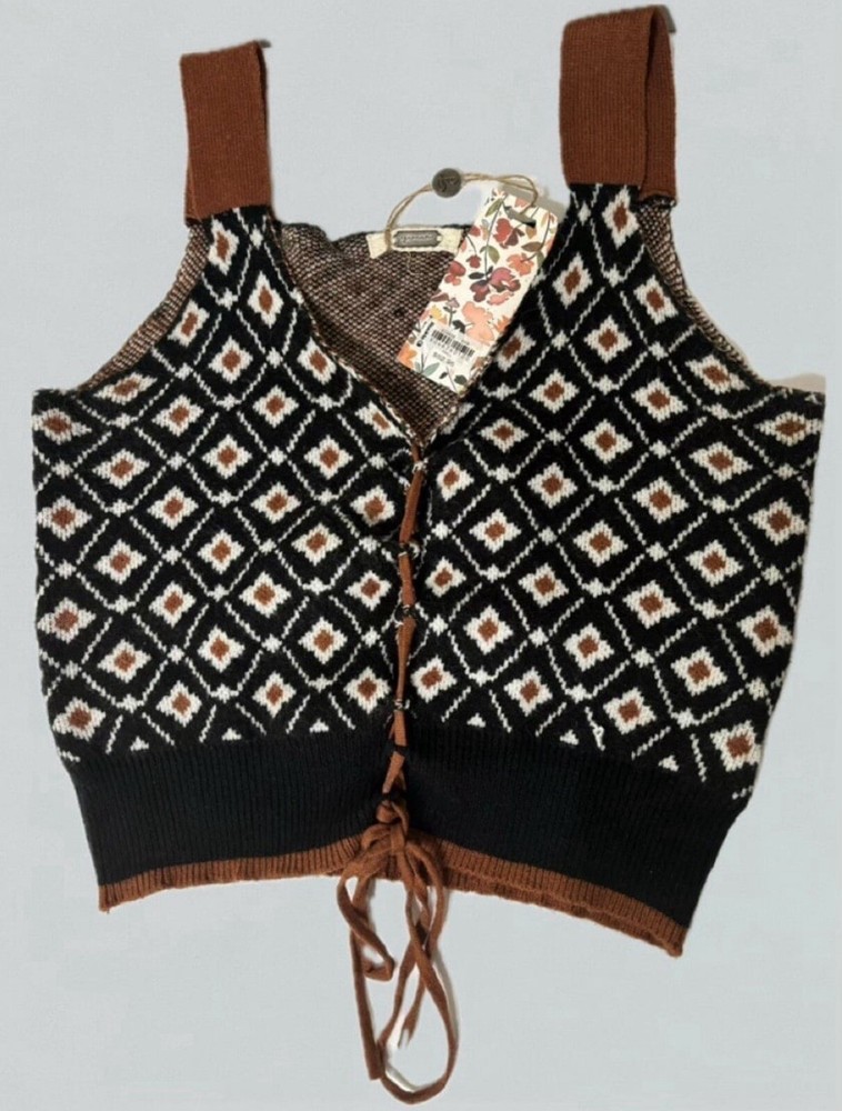 Women’s Knitted Buckle Brown/ Blue Pattern Tank Top