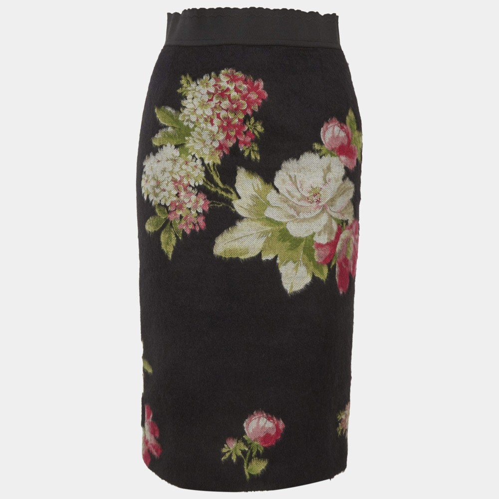 Dolce Gabbana Floral Print Textured Wool Pencil Skirt S