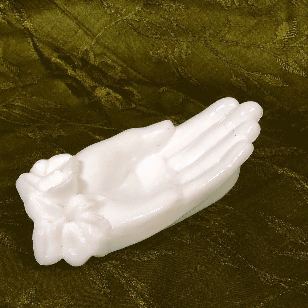 Vintage White Milk Glass Hand Trinket Ring Soap Dish Floral Avon
