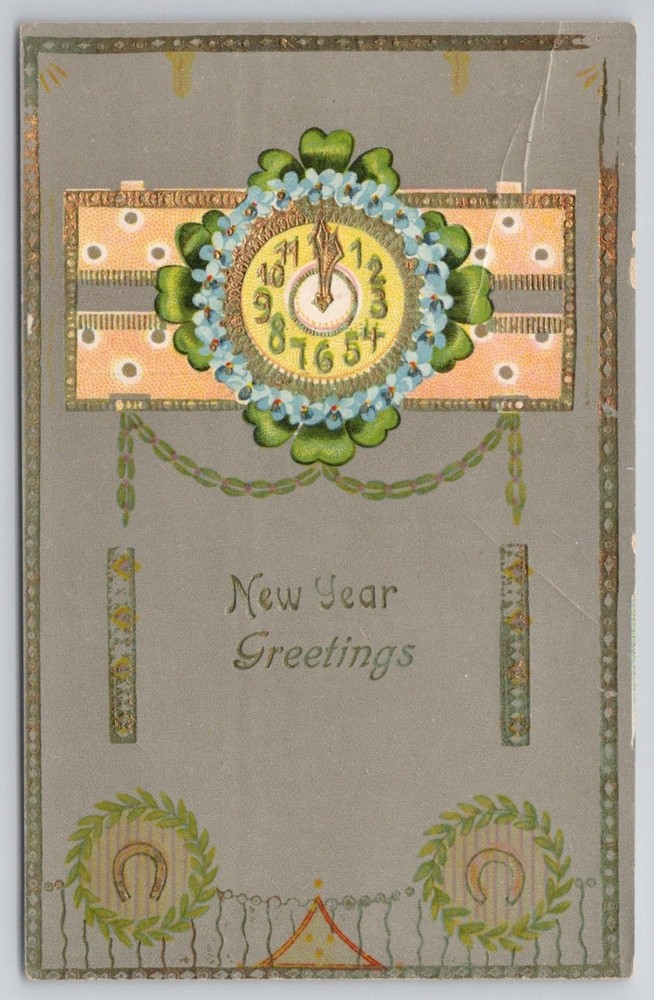 New Year Greetings Postcard Clock Floral Embossed Saxony Antique Early 1900s