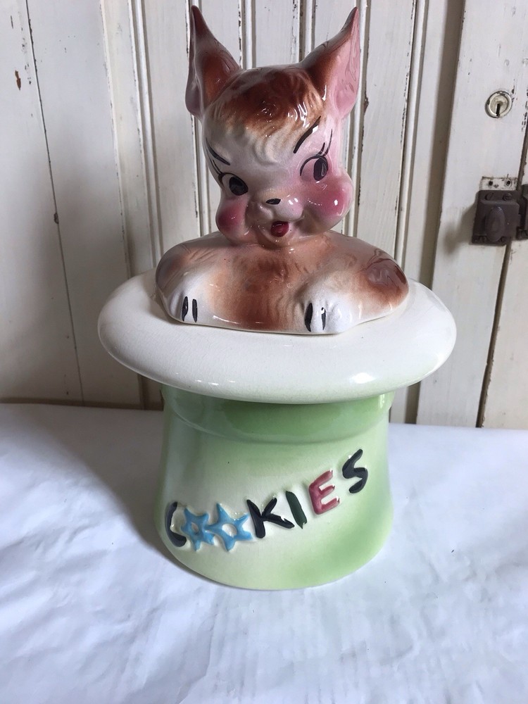 Rabbit in Hat Cookie Jar •AMERICAN BISQUE •1950s Brown Rabbit in Green Hat