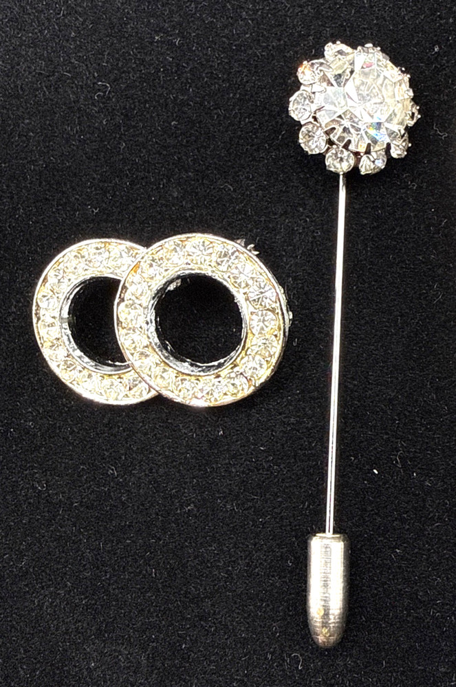 Vtg Rhinestone Brooch & Stick Pin Lot of 2 Silver Tone Clear Crystal Costume