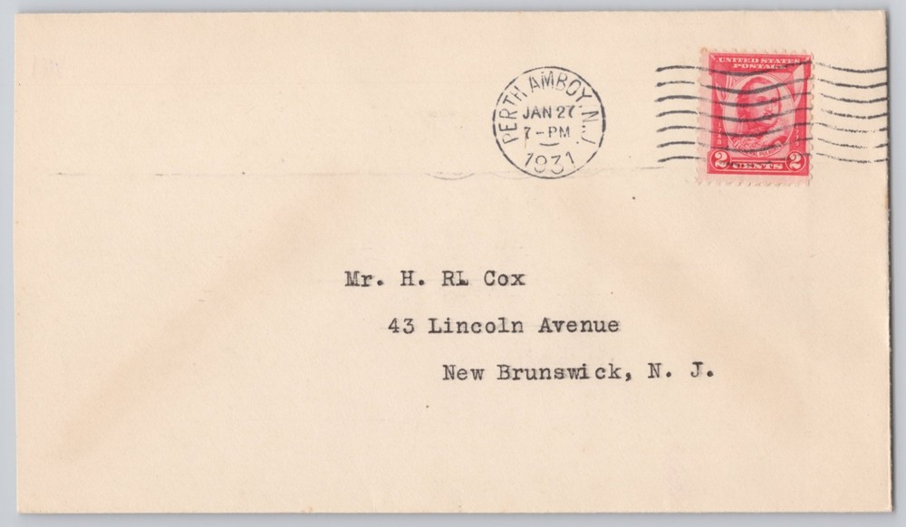 Perth Amboy, NJ, Typed Address Envelope to New Brunswick, , 2c Stamp 1931