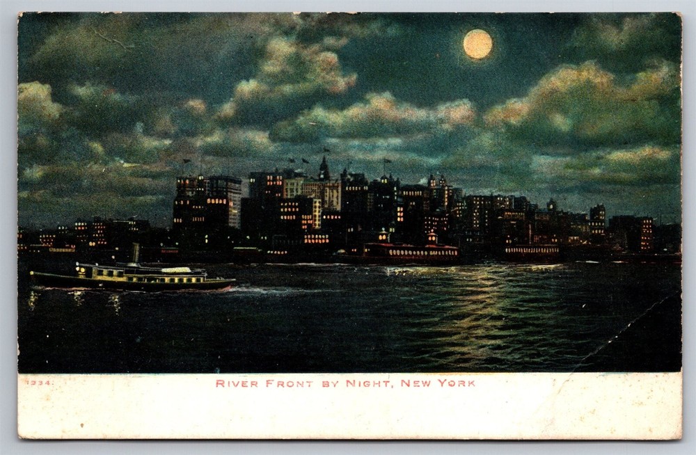 NYC Cityscape River Front View By Night Boat Full Moon NY C1907 UDB Postcard AB2