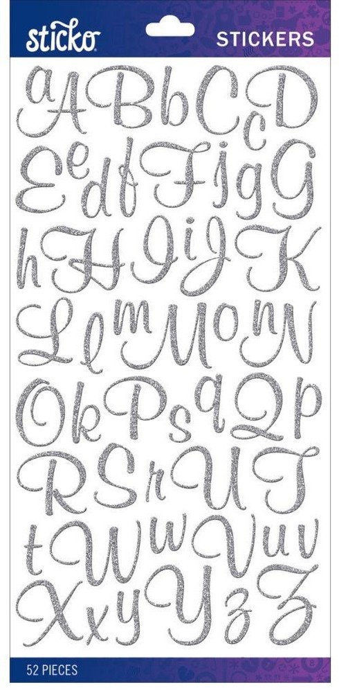 Alphabet: Silver Glitter Script, scrapbook stickers - Sticko 90108