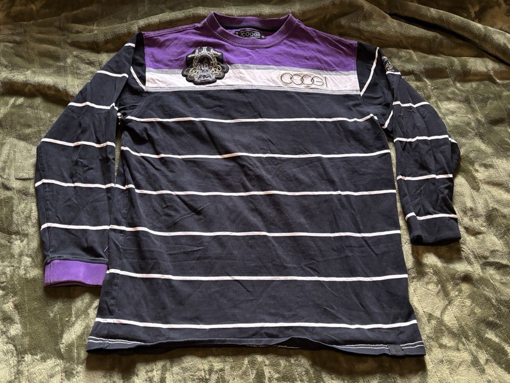 Coogi Long Sleeve Shirt Mens XL Striped Purple Black White Y2K Bill Cosby 2000s