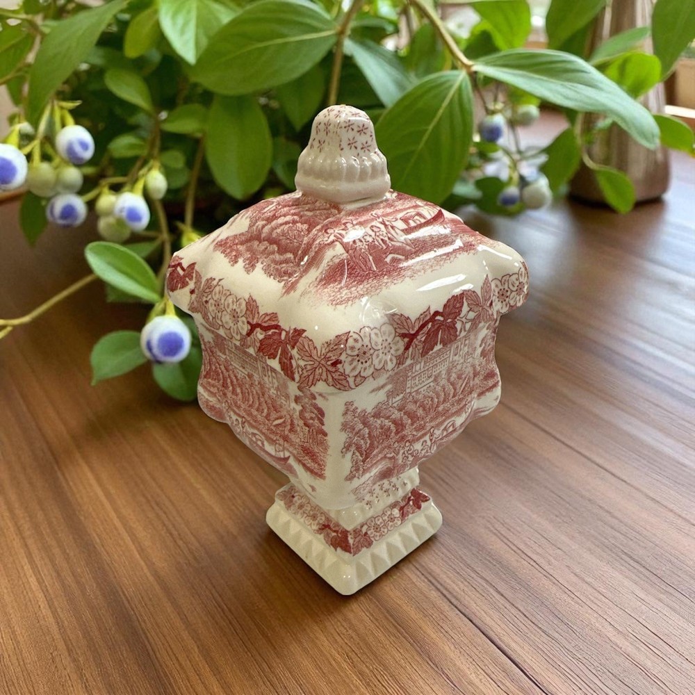 VTG Red Transferware Pedestal Candy Jar W/ Lid 1930 Castles Rural Scene Compote