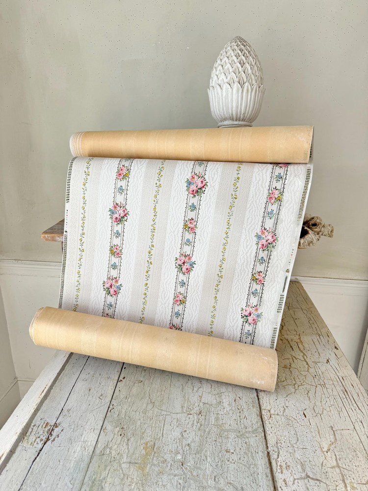 4 ( 8 avail) French Wallpaper Roll Antique Floral Stripe Pink Blue Yellow Embos