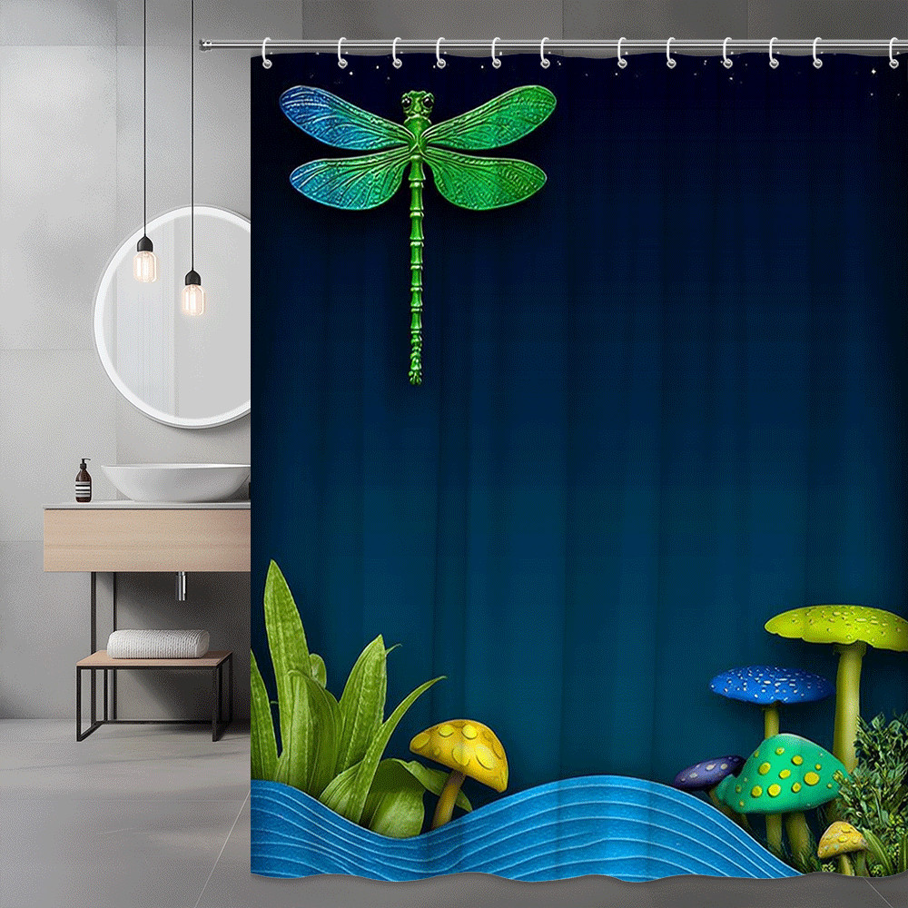 Dragonfly Mushroom Shower Curtain Blue Green Fantasy Print