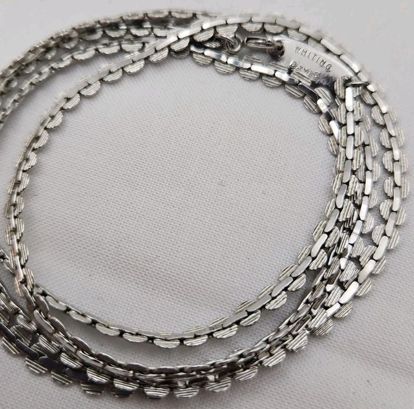 Rare Vintage Whiting & Davis Scalloped Disc Link Necklace Silver Tone Textured