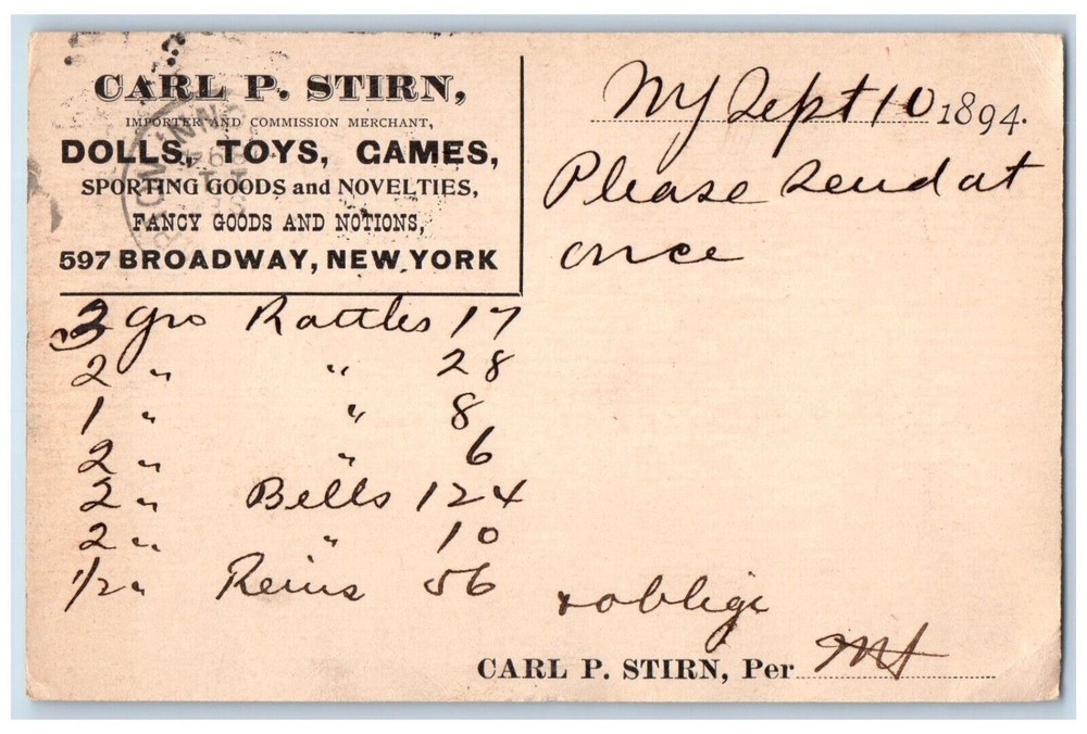1894 Carl P Stirn Importer and Commission Merchant Letter Broadway NY Postcard