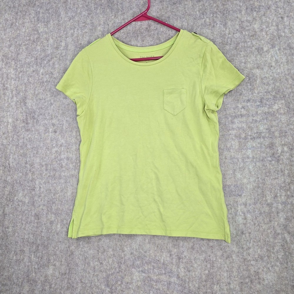 Talbots Women Petite T-Shirt Green M Modal Cotton Stretch Crew Neck Short Sleeve