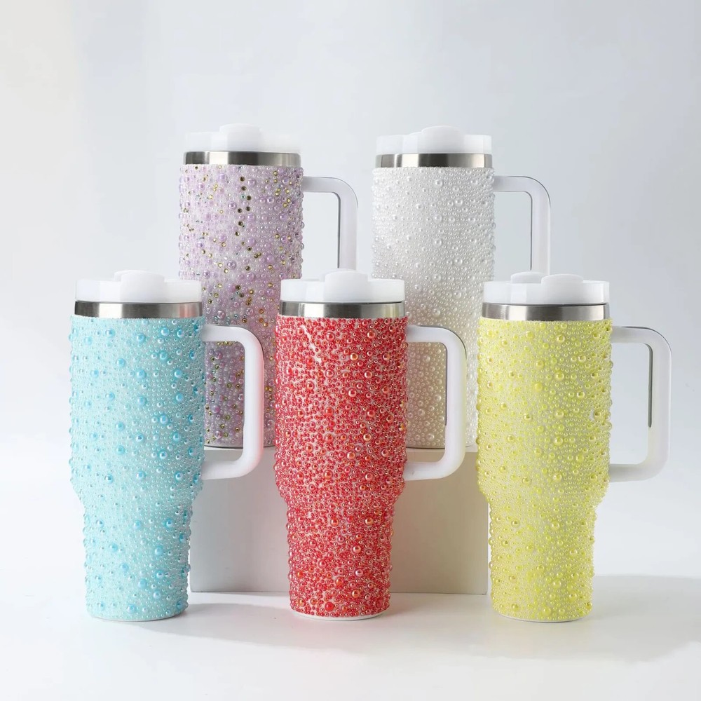 New Arrival Custom 40oz Stainless Steel Diamond Pearl Rhinestone Tumbler Luxury