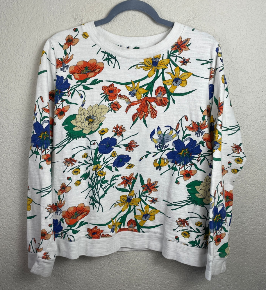 Talbots French Terry Sweatshirt Womens Large White Blue Orange Floral Cotton