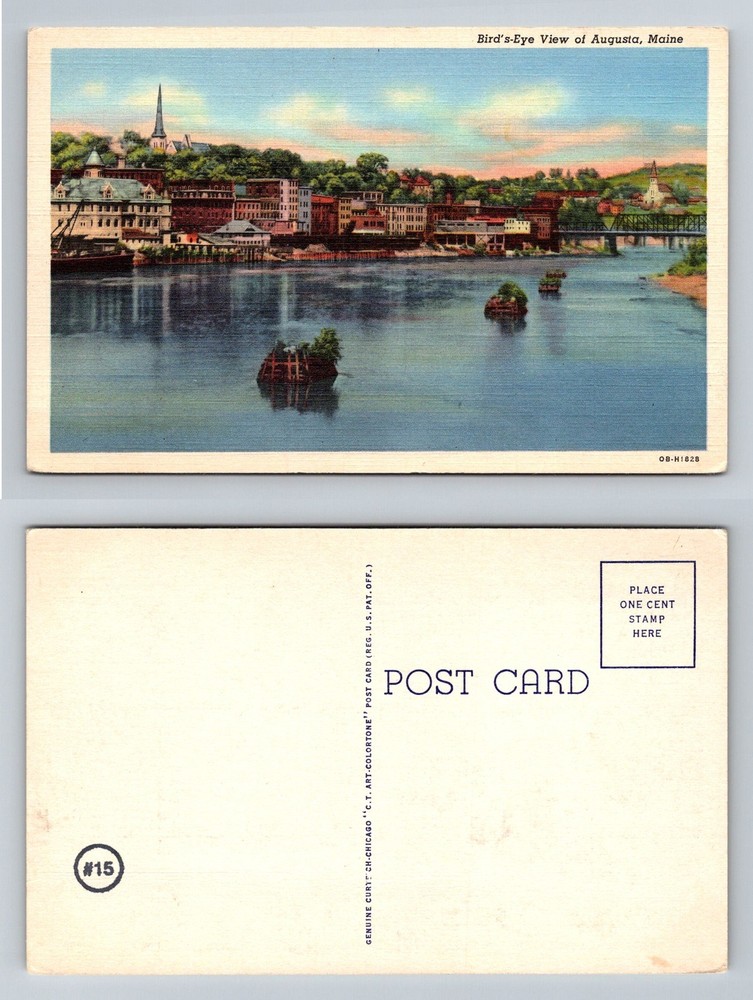 Augusta, ME-Maine, Bird’s-Eye View Downtown Riverfront Vintage Postcard