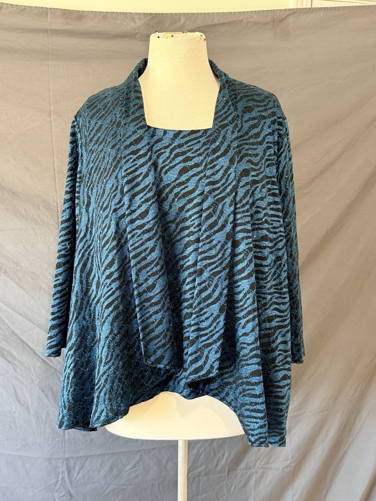 Alex Evenings Woman 1X Twin Set Sparkly Blue Zebra Print Jacket & Tank Top 2pc