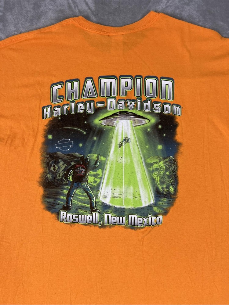 Harley-Davidson Shirt Mens 2XL Orange Champion Roswell UFO Alien Biker Graphic