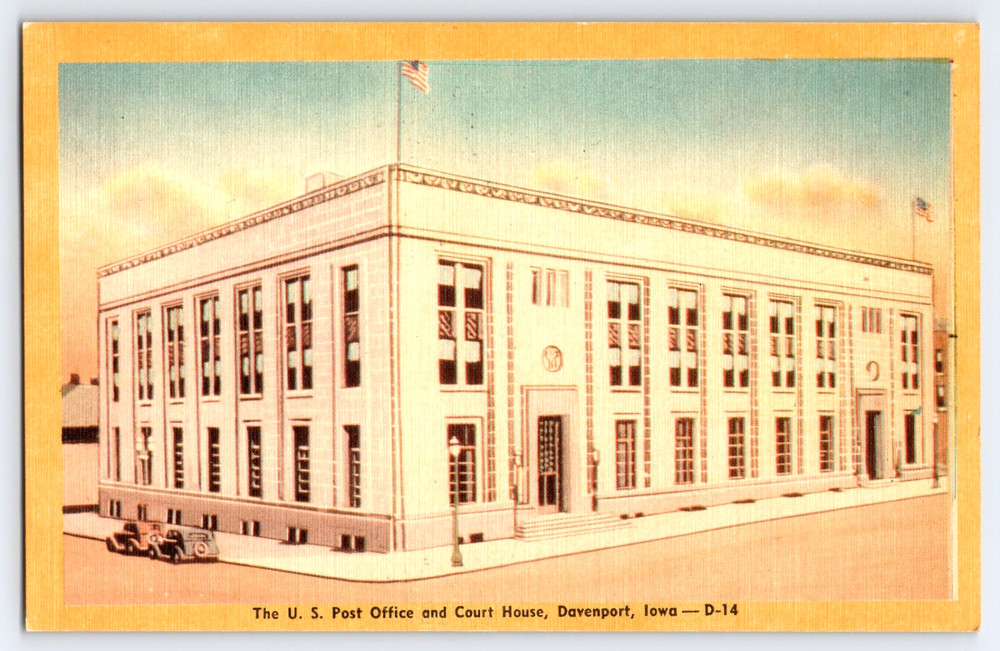Davenport Iowa IA Post Office And Court House Building Cars Vintage Postcard