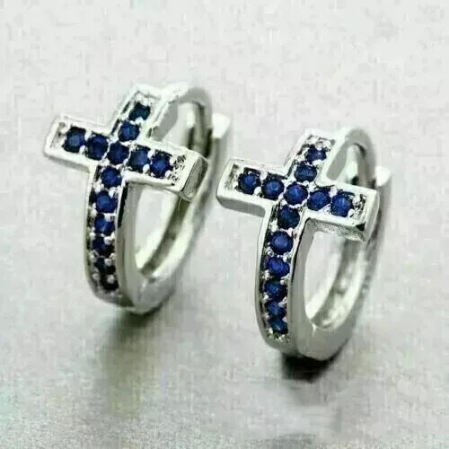 2Ct Round Cut Simulated Sapphire Cross Women's Hoop Earring 14kWhite Gold Plated