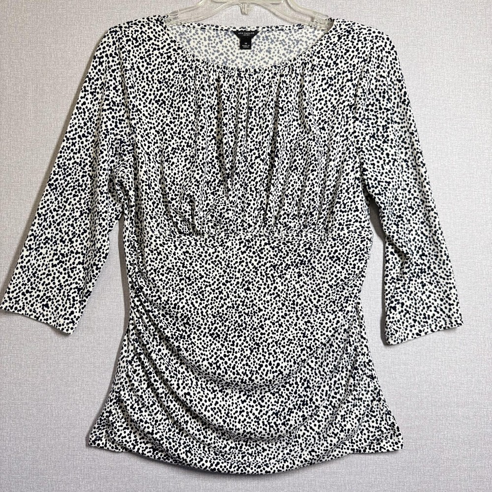 Ann Taylor Blouse Womens M White Crew Neck 3/4 Sleeve Animal Print Tunic Stretch
