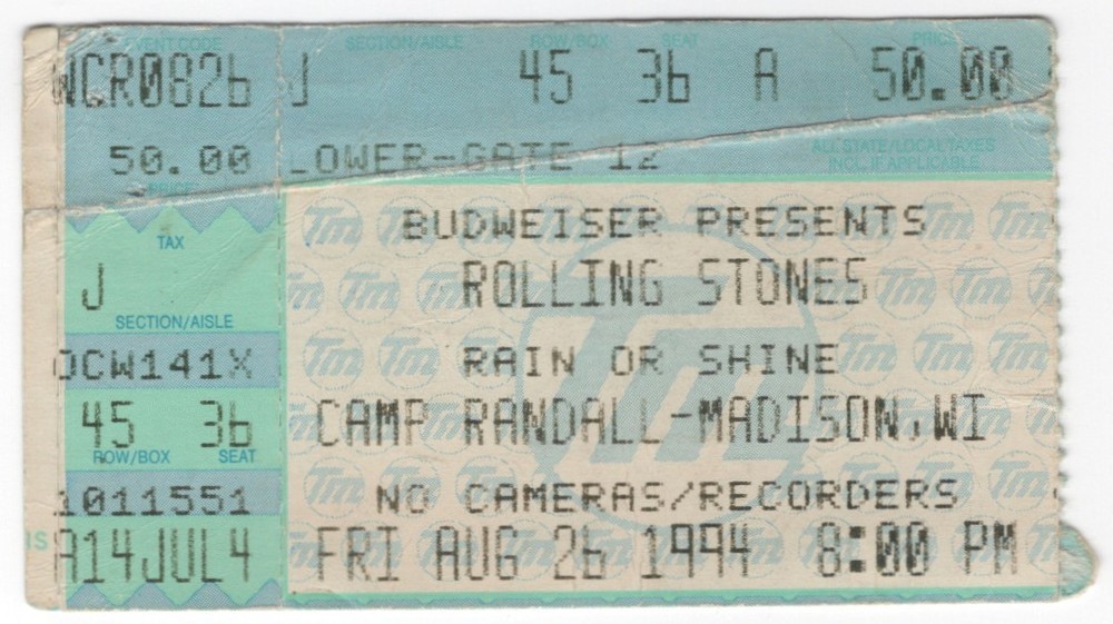 The Rolling Stones 8/26/94 Madison WI Camp Randall Stadium Ticket Stub