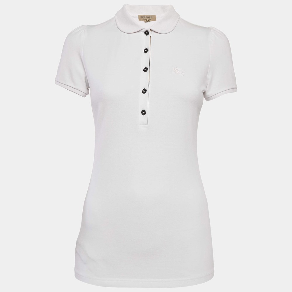 Burberry White Cotton Pique Puff Sleeve Polo TShirt S