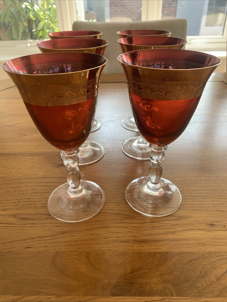 Vintage Ruby Red Gold Glass Wine Glasses Set of 6 13A